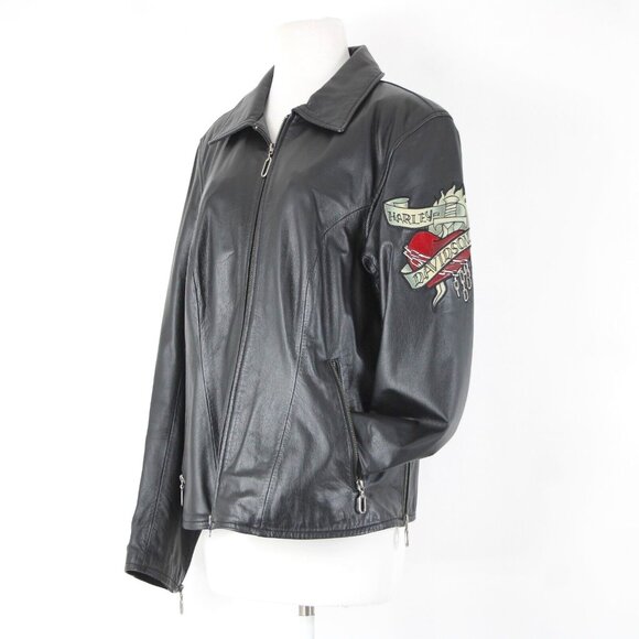 Harley Davidson Sz S Black Multi Color Rose Heart Embroidery Leather Jacket
